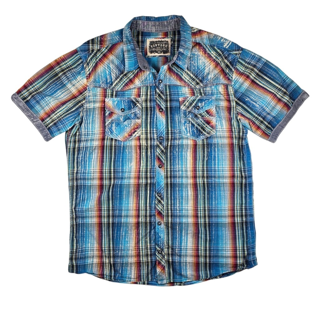 BKE Buckle Vintage 1967 Blue Western Pearl Snap Plaid Shirt Mens XL Short Sleeve